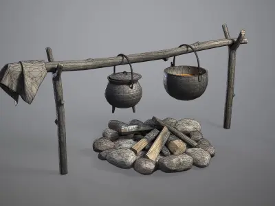 Bonfire with Medieval Hanging Cauldrons  Low-poly 3D model