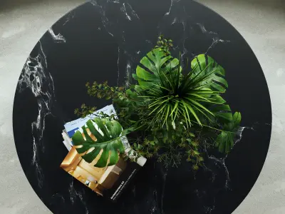 livingroom-Scandinavian-style round marble table with plant 3D model