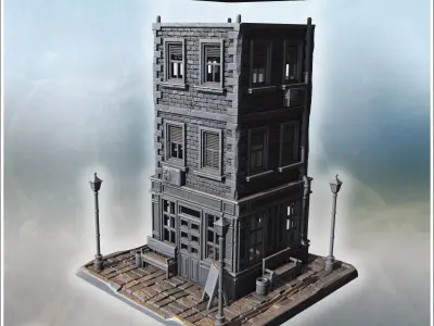 Three-story brick building with shuttered windows detailed entra 3D print model