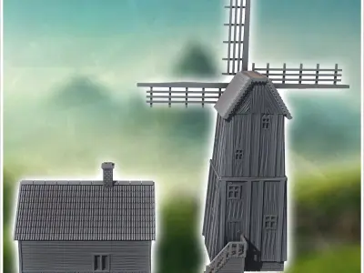 Set of wooden mill on a square base with an annex farm building  3D print model