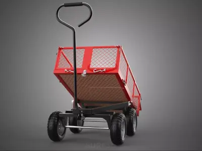 RED TIPPER TILTING TILT UNLOAD BED TROLLEY CART WAGON 4 WHEELED 3D model