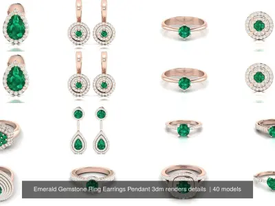 40 Emerald Gemstone Ring Earrings Pendant 3dm renders details  3D Model Pack