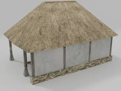 Stable wooden structure with thatched roof Low-poly 3D model