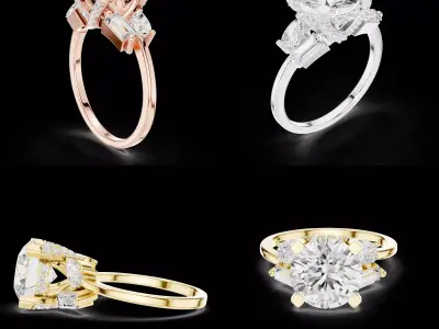 Three Stone Engagement Ring with Hidden Halo 3D Model for CAD 3D print model