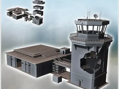 Airport building with damaged control tower and large aircraft h 3D print model purchase