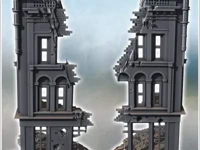 Corner building with decorative arched windows damaged upper wal 3D print model