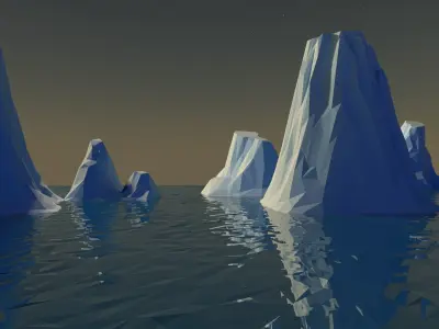 low poly glaciers icebergs and penguins in water 3D model