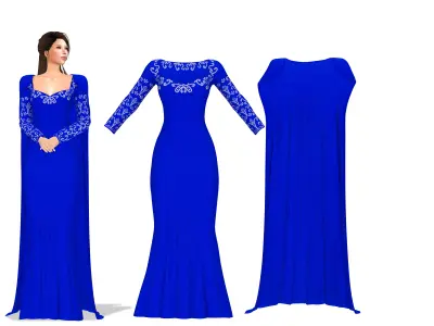 Royal Blue Long Evening  Dress With Cape Low-poly 3D model