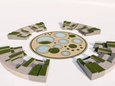 Circular Amphitheater Seating and Water Feature Landscape Low-poly 3D model