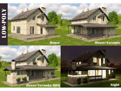 Modular Stone Country House  Veranda BBQ  Low-Poly Day Night Low-poly 3D model