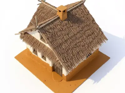 Traditional Rural House with Whitewashed Walls and Thatched Roof Low-poly 3D model