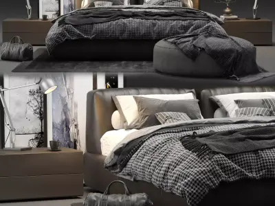 Modern Luxury Dark Leather Bed Set with Accessories 3D model