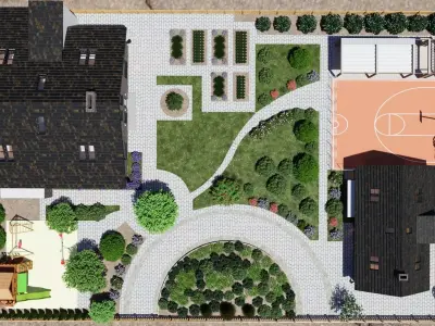 Highly detailed 3d scene of two Houses with garden landscape  3D model