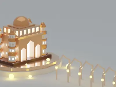 Golden Metallic Islamic Mosque with Lantern and Light 3D Model Low-poly 3D model