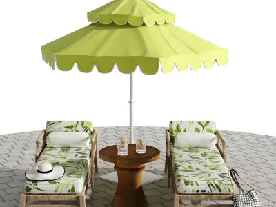 Beach umbrella and chaise longue set 6 3D model