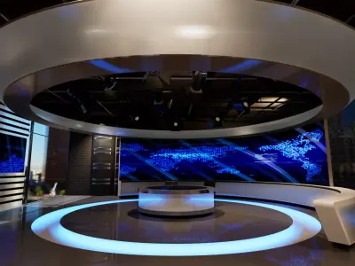 Virtual set television studio with lighting and circular table Low-poly 3D model