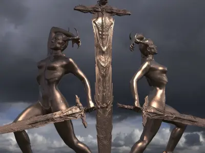 Lady of the lake baroque statues gold  3D model