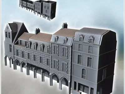 Set of modern multi-story buildings with colonnade passage and b 3D print model
