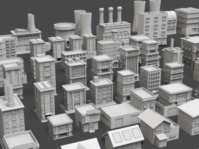 Low Poly City Buildings Pack Of 60 - Game Ready - Untextured  Low-poly 3D model