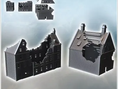Set of two large modern brick buildings with sloping roofs and d 3D print model purchase