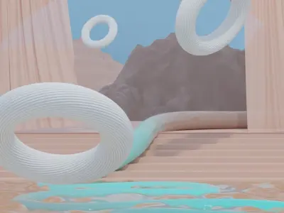 Abstract exterior stairs with look at the mountains and curtains 3D model