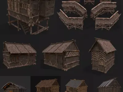 Medieval Wood Cabins and Modular Town Walls 3D Model Pack