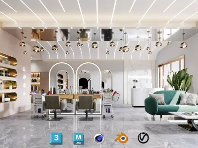 3D Barber Shop Interior with Furniture and Props Low-poly 3D model