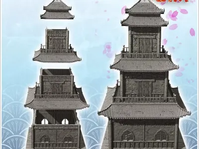 Oriental pagoda with multiple curved roofs and double terraces 4 3D print model