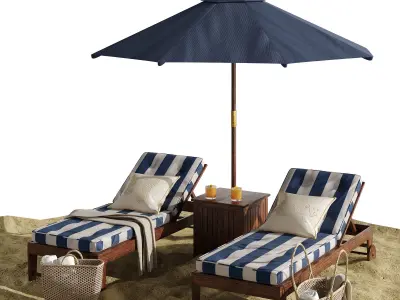 Beach umbrella and chaise longue set 7 3D model