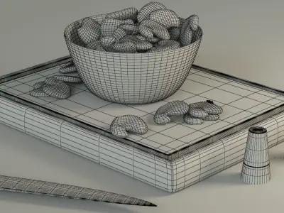 Nuggets bowl of peanuts and knife on cutting board Low-poly 3D model
