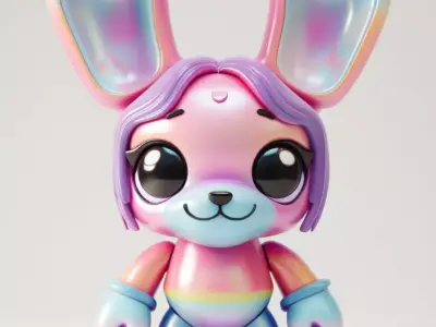 Rainbow Bunny 3D Iridescent Character Big Eyes Heart Mark Low-poly 3D model