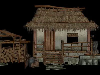 Cottages and thatched huts  Grass-roofed earthen houses 3D model