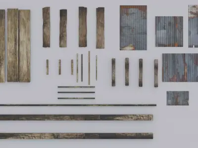 Wood planks and roof sheets Low-poly 3D model