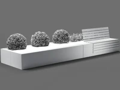 bench202 concrete planter with bench and plants 3D model