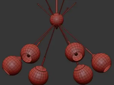 MID-CENTURY six light chandelier in brass with globes 3D model