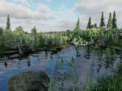 Scene grassy area with stream and trees 3D model