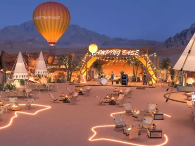 Desert Camping Festival Base with Stage Tents and Camper Trailer 3D model