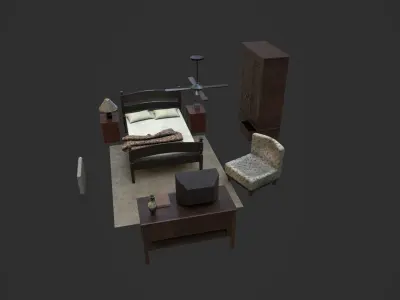 Old Bedroom furniture Low-poly 3D model