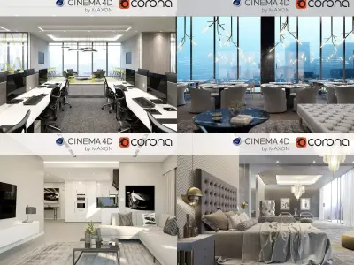 Set 3 - Corona C4D - 4 x Interior Scenes 3D Model Pack