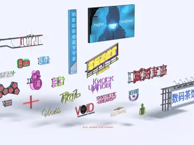 Big Collection of Cyberpunk Neon Signs  Low-poly 3D model