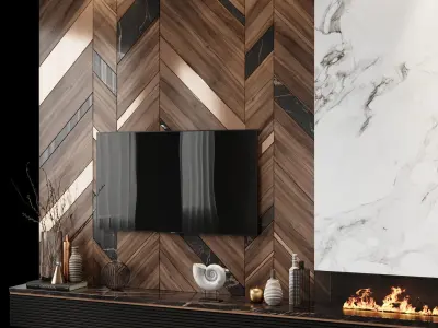 Tv set 4 fireplace with marble and wood panels 3D model