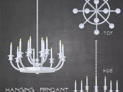 Ceiling hung medieval candle pendant chandelier light fixture  Low-poly 3D model