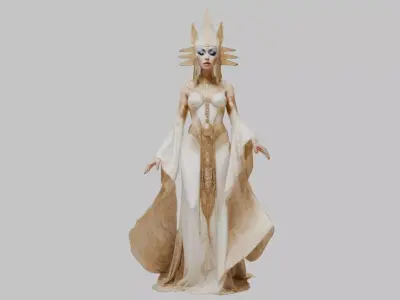 Priestess 3D Model Woman Statue White Gold Dress Ice Queen Low-poly 3D model