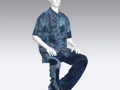 Denim Mannequin Sitting on Barrels 3D model