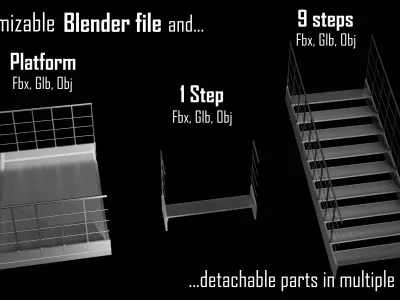 Modular Steel Stairs Kitbash - Game and Render Ready Low-poly 3D model