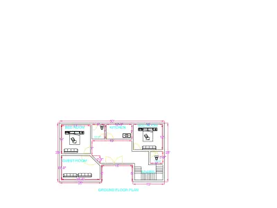 Modern 2BHK Ground Floor House Plan 50x28 Feet AutoCAD Drawing 3D model