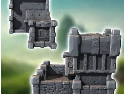 Medieval defense post with square stone tower low wall and tiled 3D print model