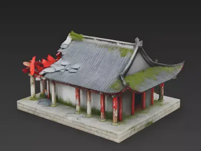 Ruined Traditional Chinese Temple Hall 3D Model Low-poly 3D model