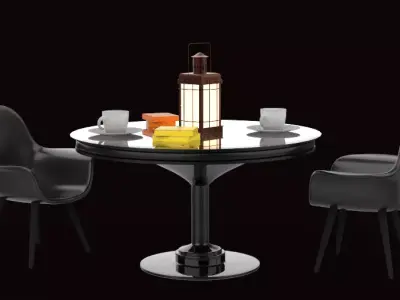 Tea Set table with chairs and lamp Low-poly 3D model