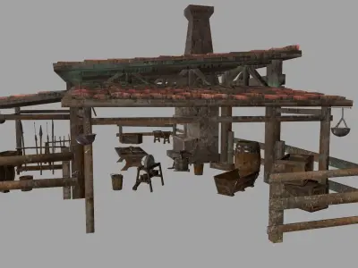 Blacksmith set wooden kitchen with pots and pans Low-poly 3D model